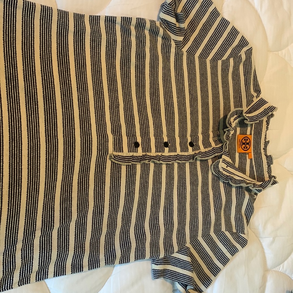 Tory Burch Stripped Short sleeve shirt Sz Large Cute ruffle around neck /chest